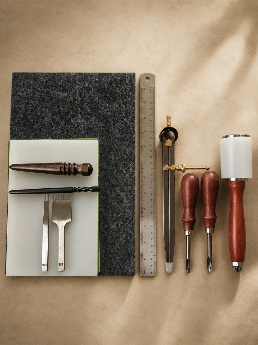 The first AVELLAN bench tools arranged on the workbench: awls, pricking irons, ruler, dividers, edge tools and mallet