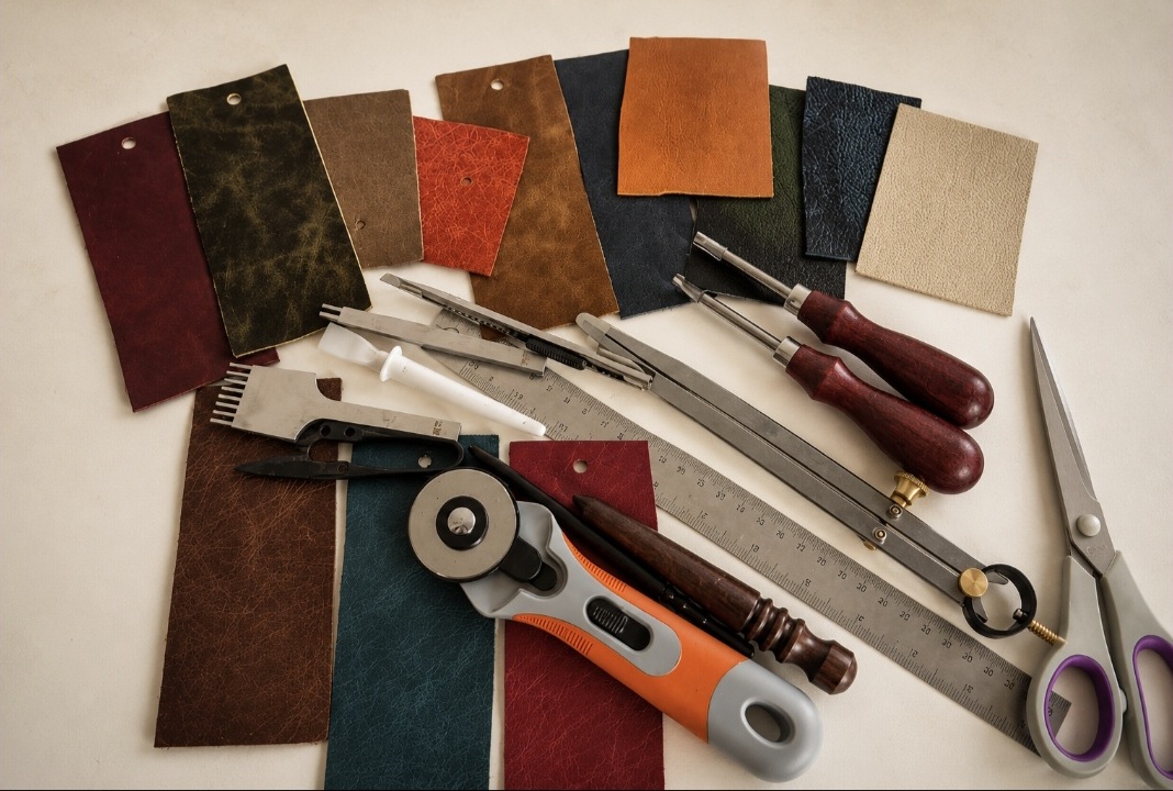 First AVELLAN leather samples laid out with tools on the workbench